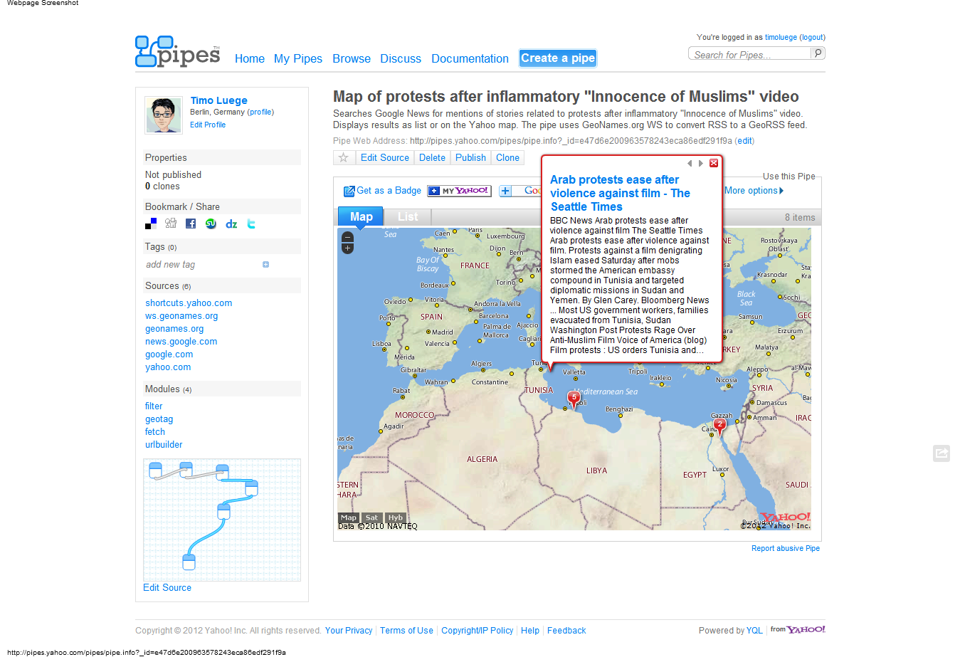 This Pipe maps news related to protests in the Arab world.